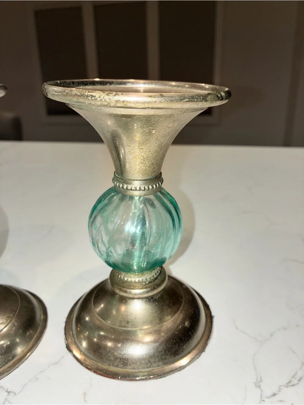 Vintage Silver Plated Pillar Candle Holders Set - Swirled Turquoise Blue Glass